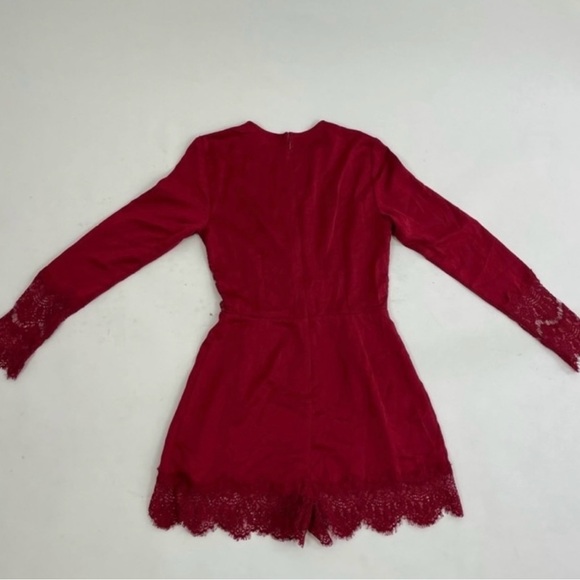 Red Satin Lace Long Sleeve Scoop Neck Statement Sleeve Romper - Picture 3 of 4